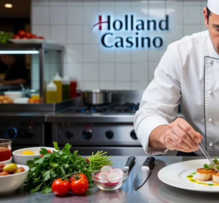 Chefkok die een gerecht afmaakt in de keuken van een casino-restaurant