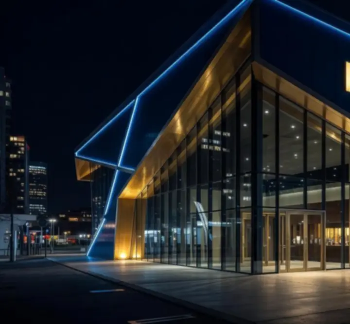 Verlichte gevel van een Holland Casino vestiging in de avond met stedelijke achtergrond.