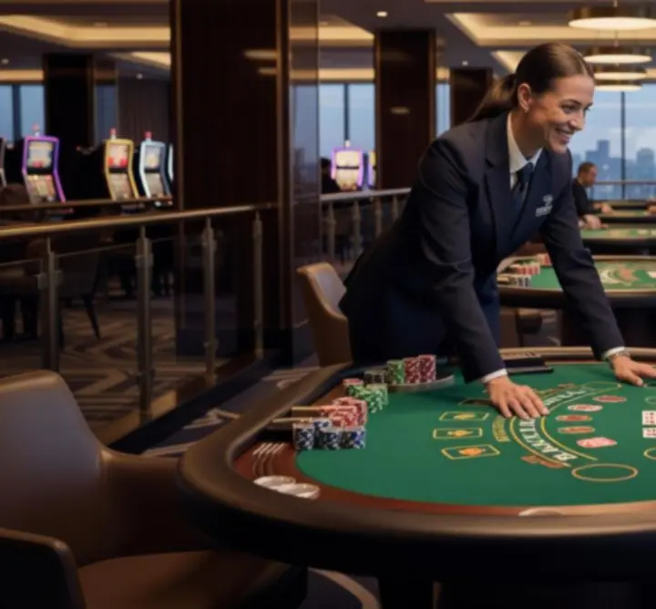 Casino medewerker die een gast ondersteunt bij het vinden van de juiste route