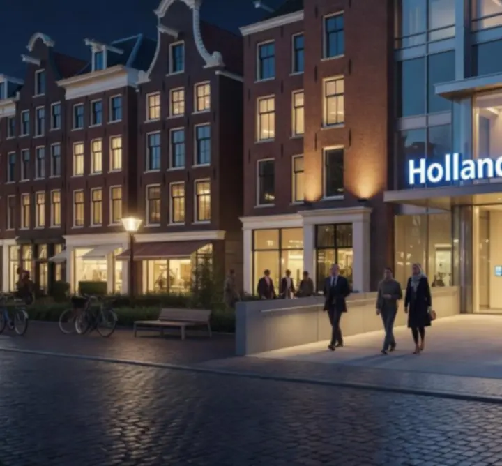 Buitenaanzicht van een Holland Casino locatie in een stedelijke omgeving bij avondlicht.