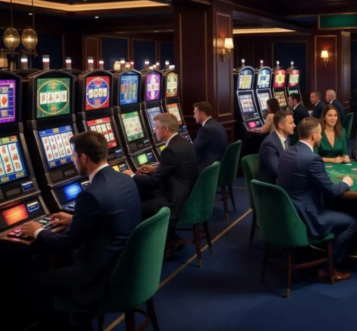 Sfeervol verlichte gamingvloer in een Holland Casino met spelers aan verschillende tafels.