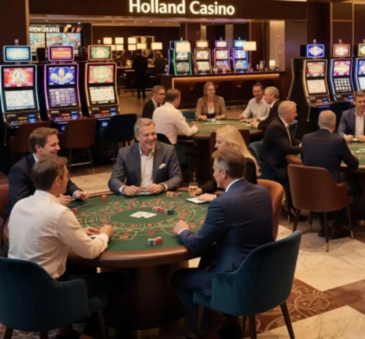 Sfeervolle speelvloer van een Holland Casino met speeltafels en verlichting