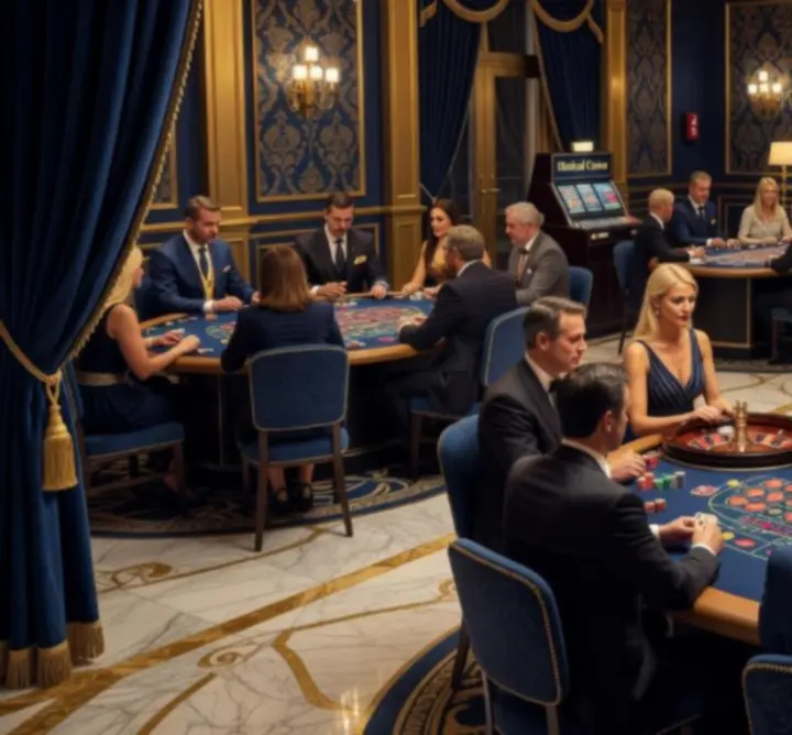 Sfeervol verlicht interieur van een Holland Casino speelvloer met tafels en automaten.