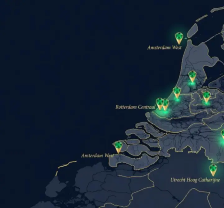 Kaart met een overzicht van alle dertien Holland Casino-vestigingen in Nederland.