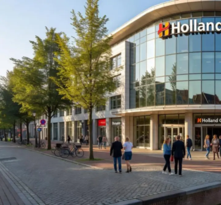 Exterieur van een Holland Casino vestiging in de avond, met verlichte entree