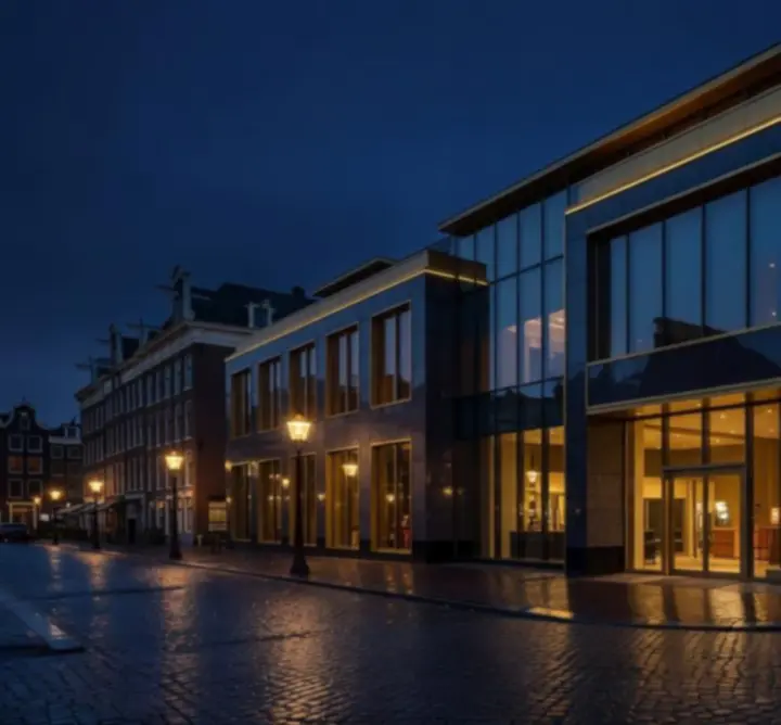 Avondopname van een verlichte Holland Casino vestiging met stedelijke omgeving.