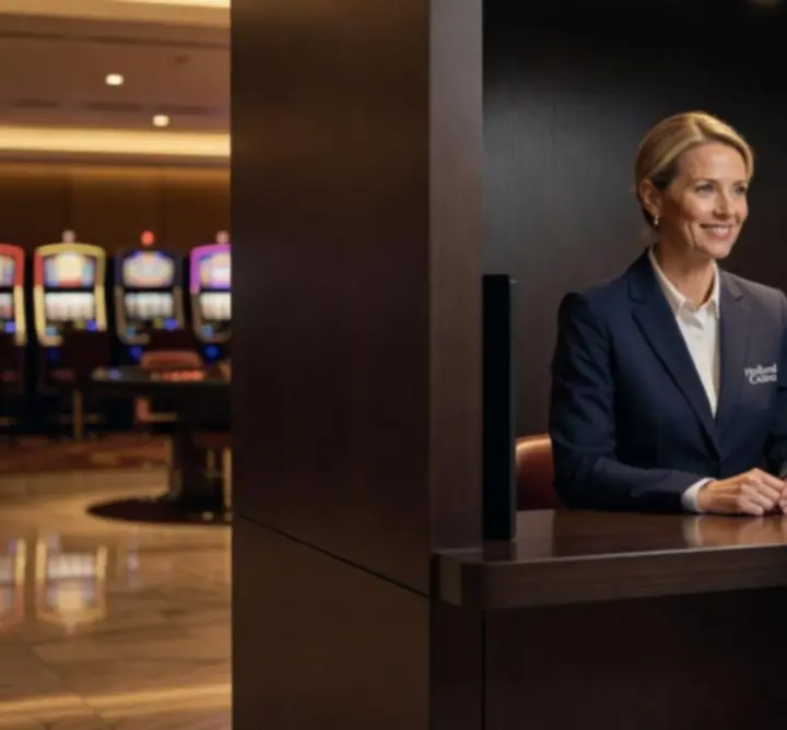 Medewerker van Holland Casino die een bezoeker informeert over verantwoord spelen