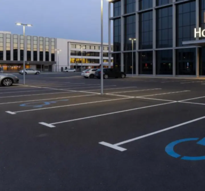 Gemarkeerde parkeerplaats voor mindervaliden bij de ingang van een casino