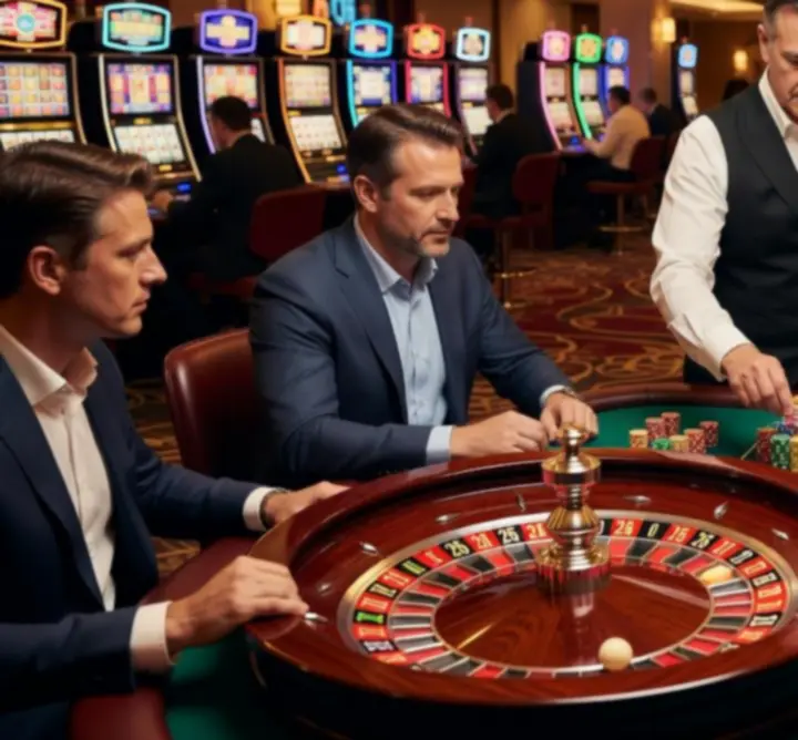 Roulettetafel en drukbezochte speelvloer in een Holland Casino-vestiging.